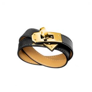 Hermes 10k Gold Kelly Double Tour Leather Bracelet